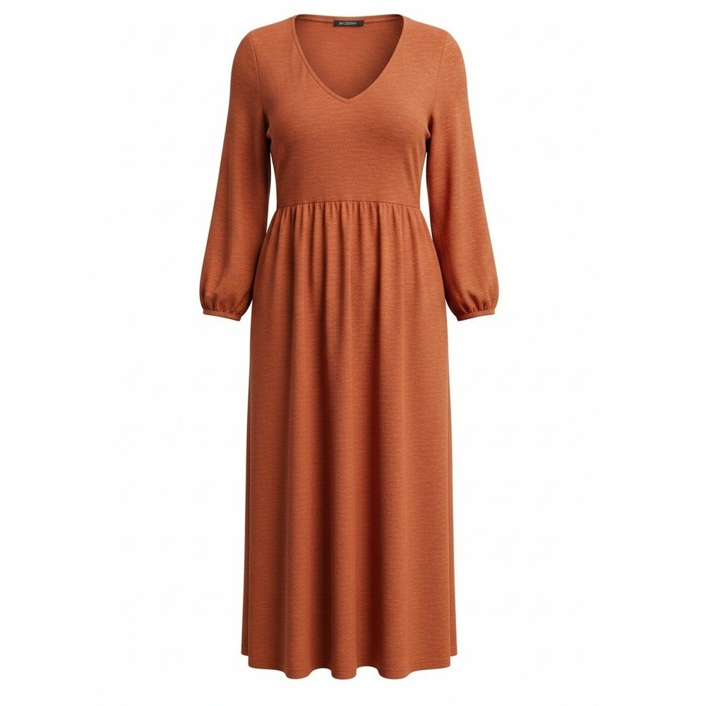 Old Navy Midi Dress Sz L Orange V-Neck Long Sleeve Empire Waist Pocket Slub Knit